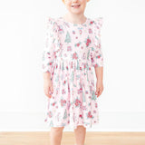 Pink Christmas 3/4 Sleeve Ruffle Twirl Dress