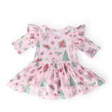 Pink Christmas 3/4 Sleeve Twirl Flutter Bodysuit