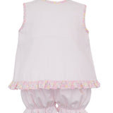 Pink Knit Gingham Bloomer Set With Multi Flower Knit Print
