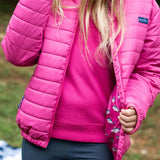 Girl's Puffer Jacket in Raspberry Rose Pink with Bigeye Tuna Print Liner