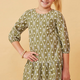 Girls Eyelet And Crochet Patterned Scallop Dress- Sage