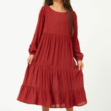 Girls Swiss Dot Long Sleeve Tiered Cross Back Dress- Burgundy