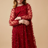 Girls Floral Applique Long Sleeve Mesh Dress- Burgundy