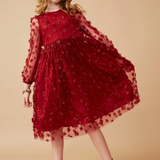 Girls Floral Applique Long Sleeve Mesh Dress- Burgundy