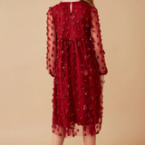 Girls Floral Applique Long Sleeve Mesh Dress- Burgundy