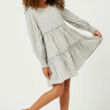 Girls Smocked Cuff V Neck Tiered Plaid Dress- Grey