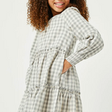 Girls Smocked Cuff V Neck Tiered Plaid Dress- Grey