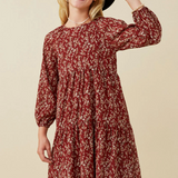 Girls Textured Floral Puff Sleeve Midi Dress- Burgundy