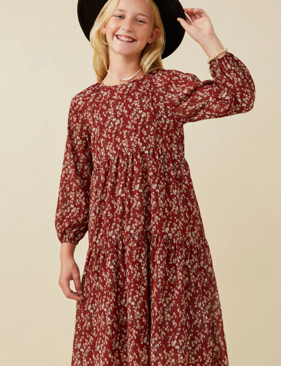 Girls Textured Floral Puff Sleeve Midi Dress- Burgundy