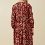 Girls Textured Floral Puff Sleeve Midi Dress- Burgundy