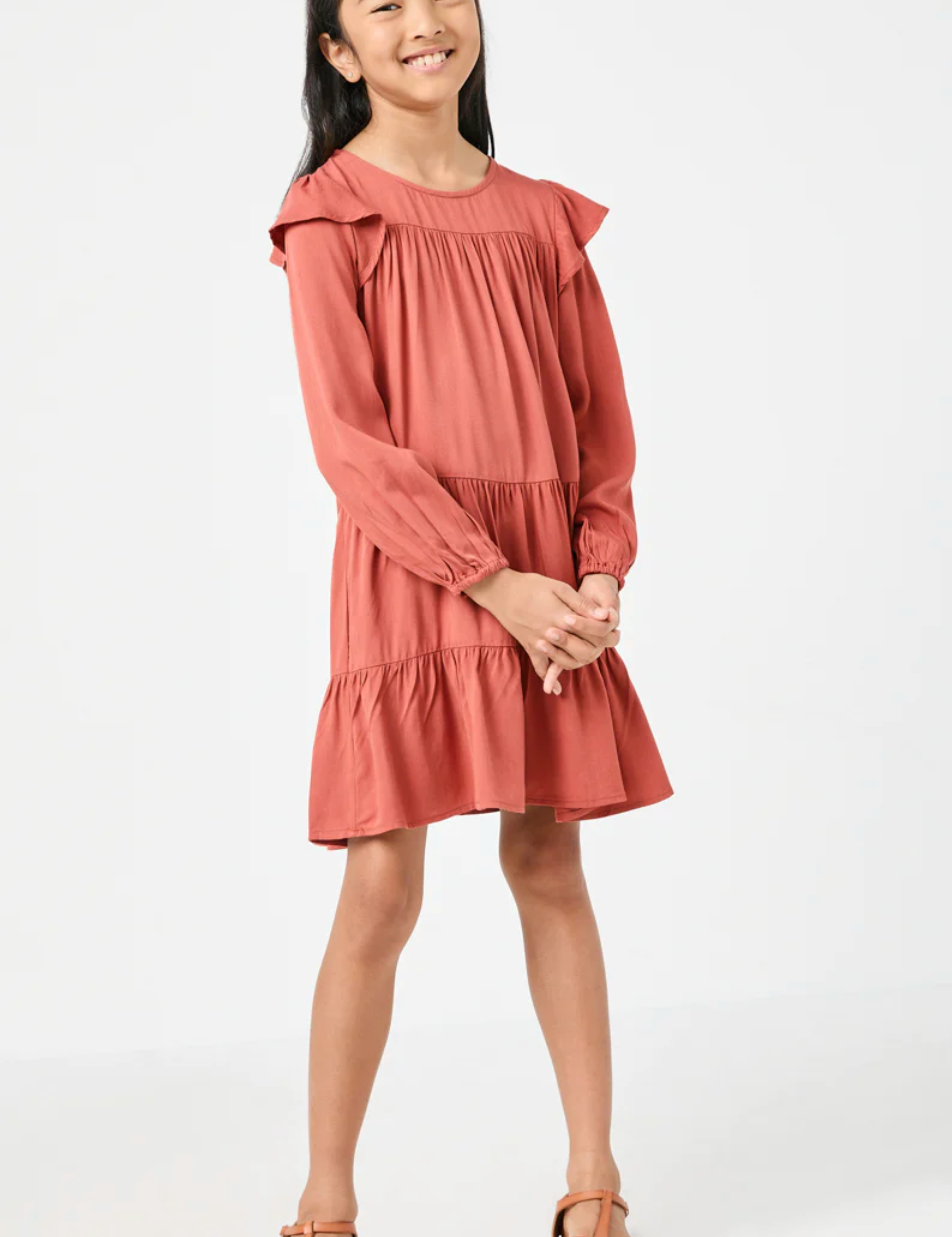 Girls Ruffled Shoulder Long Sleeve Dress- Rust