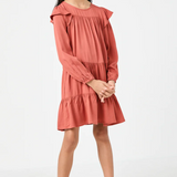 Girls Ruffled Shoulder Long Sleeve Dress- Rust