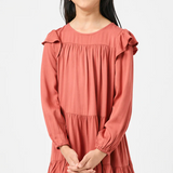 Girls Ruffled Shoulder Long Sleeve Dress- Rust