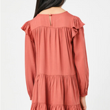 Girls Ruffled Shoulder Long Sleeve Dress- Rust