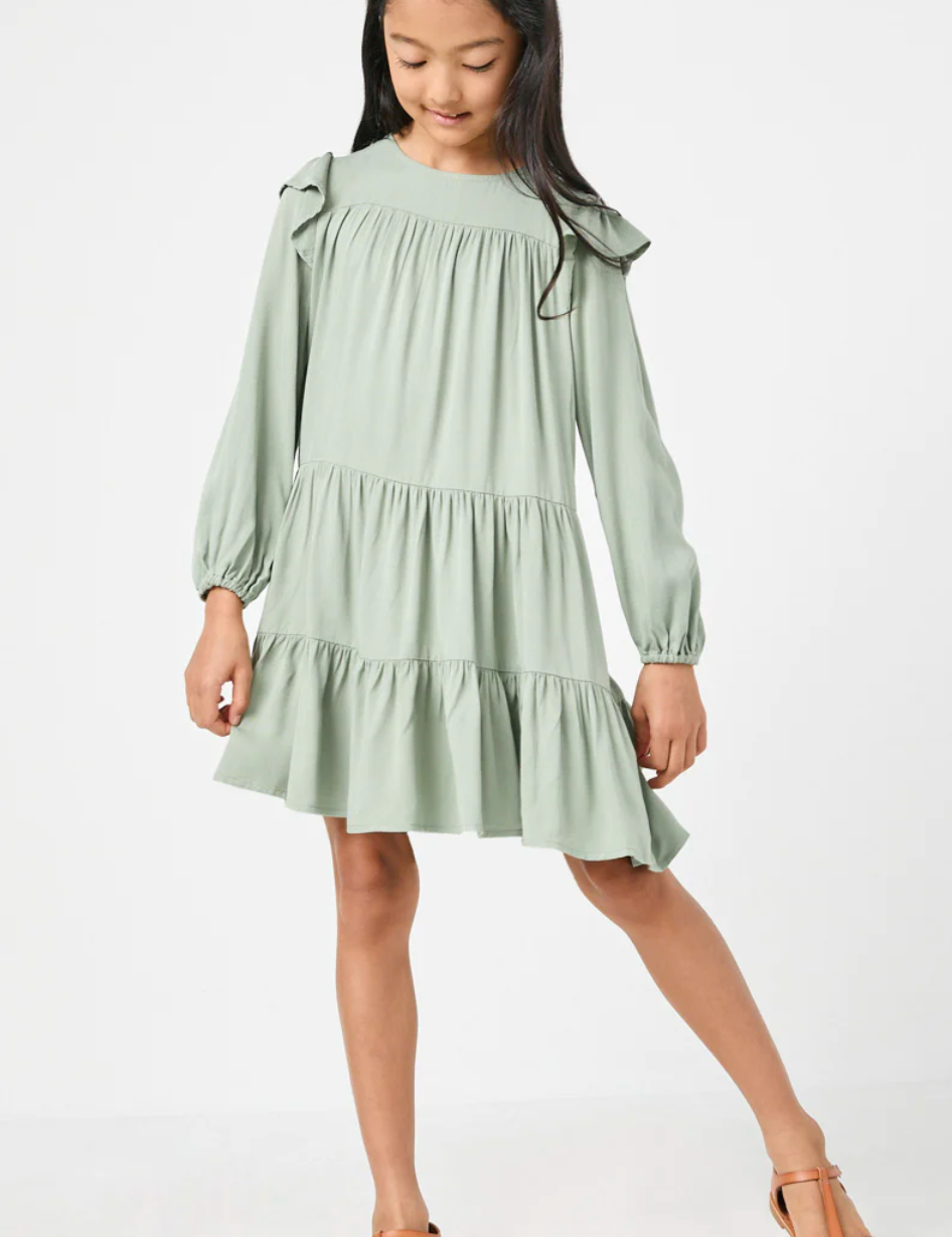 Girls Ruffled Shoulder Long Sleeve Dress- Olive