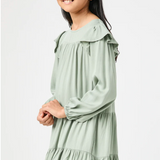 Girls Ruffled Shoulder Long Sleeve Dress- Olive