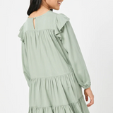 Girls Ruffled Shoulder Long Sleeve Dress- Olive