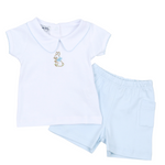 Vintage bunny white top with rabbit embroidery blue shorts by magnolia baby in pima cotton