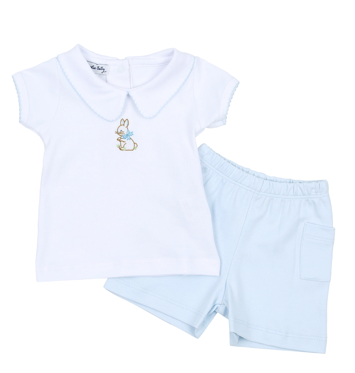 Vintage bunny white top with rabbit embroidery blue shorts by magnolia baby in pima cotton