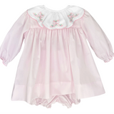 Pink Embroidered Bows Ruffle Collar Dress