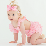 Pink Embroidered Vintage Dot Flutter Overall Romper