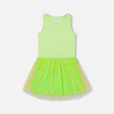 Shiny Ribbed Dress With Mesh Flocking Flowers Lime