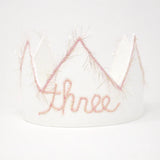 "Three" Birthday Crown with Blush/Gold Trim on Oyster Linen