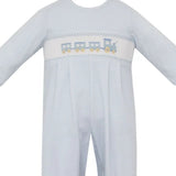 Train Smocked Blue Romper w/ Feet