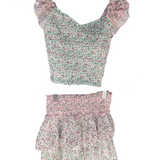 Green and Pink Floral Smocked Skirt