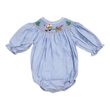 Santa's Coming Blue Chambray Smocked Girl Bubble