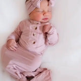 Knotted Baby Gown Hat and Headband Set - Dusty Rose