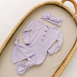 Knotted Baby Gown Hat and Headband Bundle - Lavender