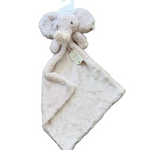 Plush elephant toy with blanket on a hanger on a wooden floor