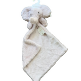 Plush elephant toy with blanket on a hanger on a wooden floor