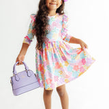 Colorful Carnations 3/4 Sleeve Ruffle Twirl Dress