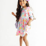 Colorful Carnations 3/4 Sleeve Ruffle Twirl Dress