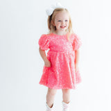 Neon Pink Puff Sleeve Sequin Dress