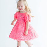 Neon Pink Puff Sleeve Sequin Dress