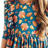 Gobble til You Wobble 3/4 Sleeve Ruffle Twirl Dress