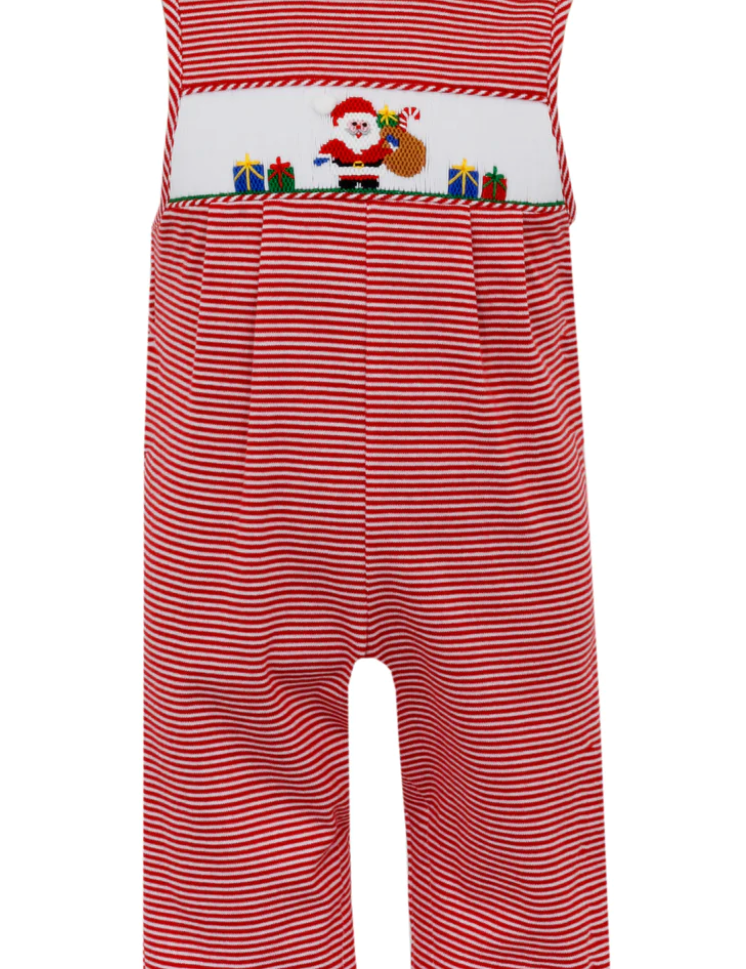 Knit Jon Jon overall smocked outfit for baby boy. Features Santa with his bag of toys and wrapped presents.