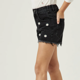 Floral Embroidered Frayed Denim Shorts