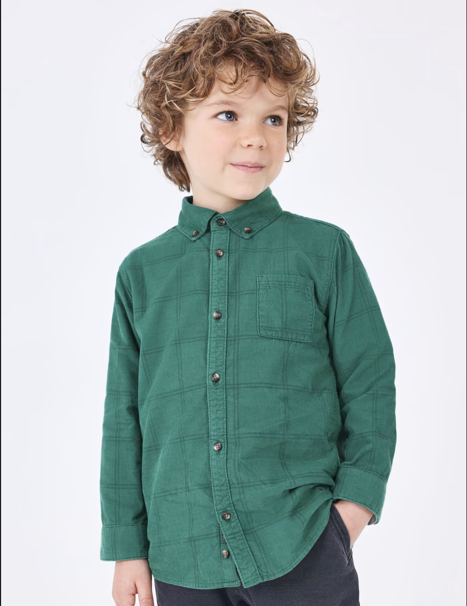 Button Up Corduroy Shirt - Green Plaid