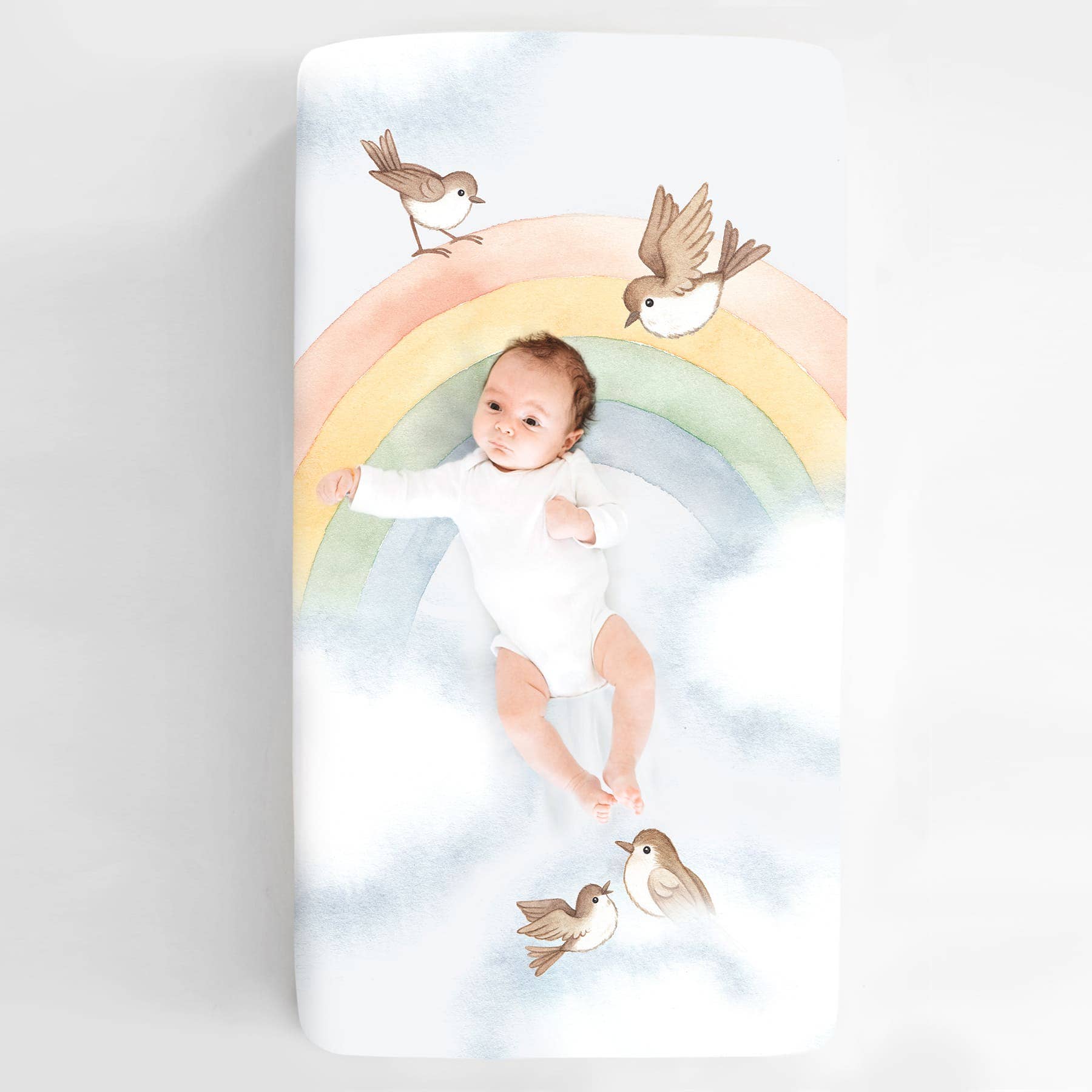 Cotton Sateen Crib Sheet: Rainbow & Birds