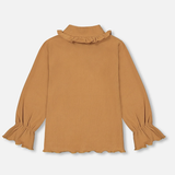 Rib Mock Neck Top w/Frills - Golden Brown