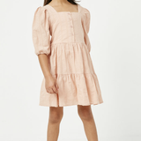 Girls Square Neck Button Detail Tiered Dress - Blush