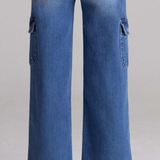 Girls Medium Blue Cargo Wide Leg Jeans