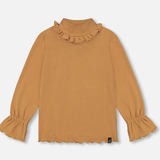 Rib Mock Neck Top w/Frills - Golden Brown