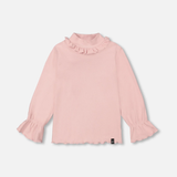 Brushed Rib Mock Neck Top w/ Frills | Silver Pink