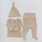 Top and Bottom Baby Outfit with Hat - Sand