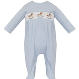 Rocking Horse Smocked Blue Romper w/ Feet